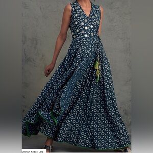 CHARKEE Indigo Blue Angrakha Mirror Embroidery/Block Print Maxi Dress Sz M